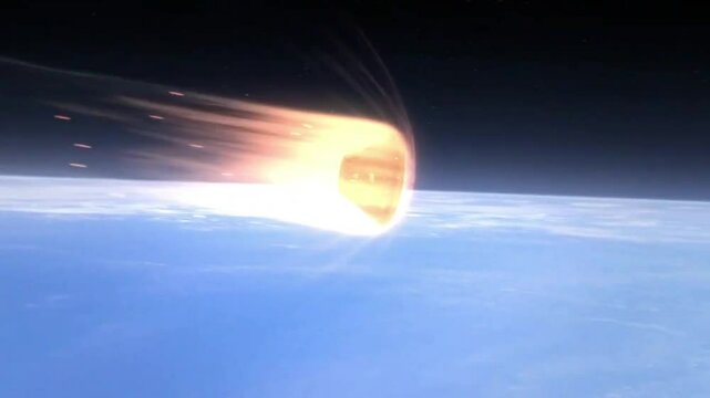 Spacecraft re-entering earth's atmosphere generating intense heat and glowing trail of light.