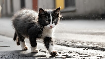 Sad little homeless kitten on city street