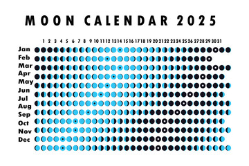2025 Moon calendar. Astrological calendar design. planner. Place for stickers. Month cycle planner mockup. Isolated black and white background.