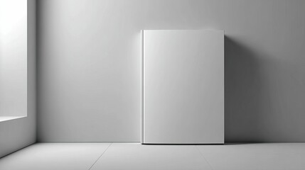 Blank book leaning against white wall, minimalist presentation, soft light