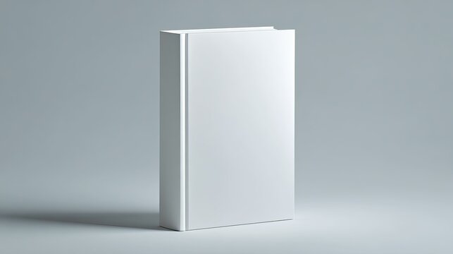Plain, white hardcover book mockup, standing vertically on a gray surface