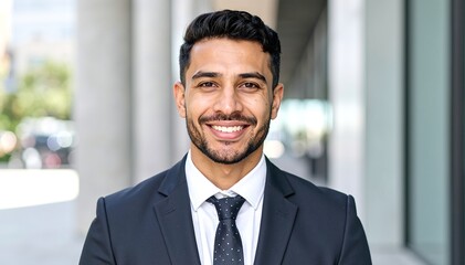Fototapeta premium A confident man in a tailored suit and crisp tie stands outdoors, smiling warmly at the camera, exuding professionalism and approachability.