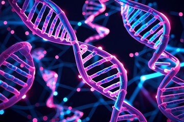 Digital DNA strands, scientific background, neon glow