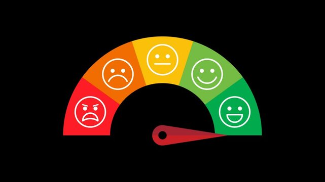 Customer satisfaction meter with emoji faces rating scale from angry to happy on transparent background