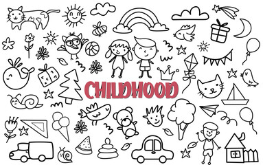Childhood various object sketchy kid hand drawn doodle set element clipart