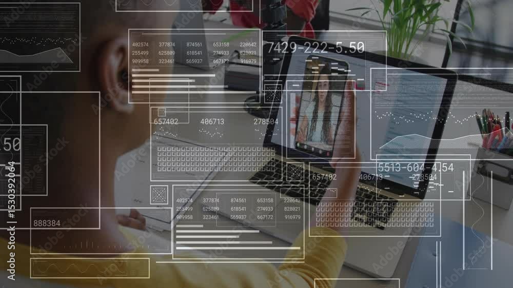 Poster man lifting smartphone into view, joining business meeting with animated data overlays filling desk