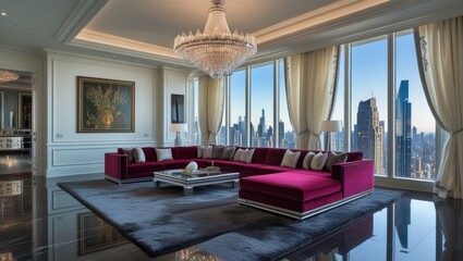 Luxurious penthouse living room with city views.