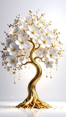 A stunning white and gold tree adorned with delicate blossoms, showcasing intricate details in its branches and vibrant floral accents, exuding elegance.