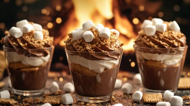 Chocolate dessert parfaits layered with marshmallows and graham cracker crumbs, served in clear glasses. A warm, cozy atmosphere is suggested by the blurred background with a fire