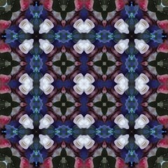 Seamless kaleidoscope floral pattern a mesmerizing dance of white roses, pink blossoms, and blue florets in a symmetrical, repeating design, design for fabric, wallpaper, and backgrounds