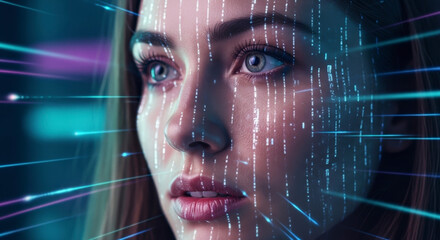 Portrait Of A Woman With Digital Lines Overlay Against A Dark Background Capturing The Essence Of Technology