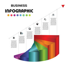 Dynamic business infographic featuring a 3D growth chart with a rising arrow, icons, and text sections for illustrating progress and milestones.