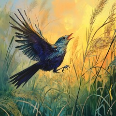 Fototapeta premium A vibrant, stylized illustration of a bird in flight amidst tall grass at sunrise. The bird, deep blue with black accents, has its wings outstretched, soaring through golden-hued grasses