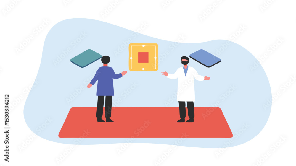 Poster two individuals discussing a central square with floating tablets in a modern setting indoors