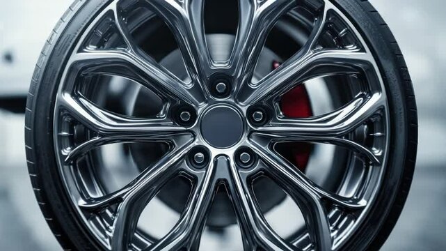 Close-up of a highly polished, intricate, dark gray alloy car wheel