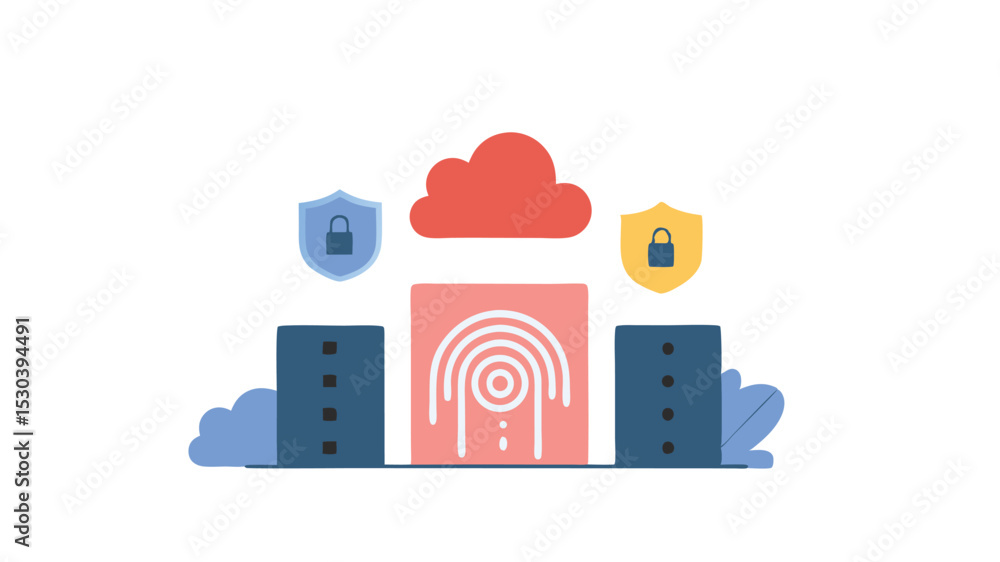 Poster illustration of cloud security with fingerprint authentication and server protection in place