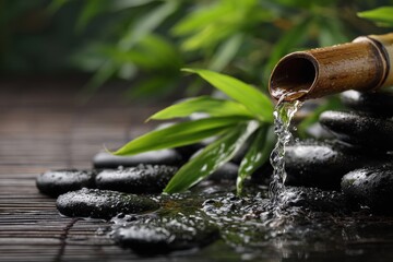 Zen bamboo steam ritual with water flowing over river stones, ideal for spa branding, wellness retreat promotions, and natural beauty packaging concepts.