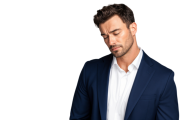 Sad young businessman looking down with a serious, emotional expression. Isolated on transparent background. Concept of stress or failure