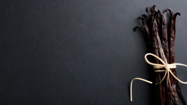 Bundle of vanilla pods tied with twine on dark gray background, culinary spice, aromatic flavoring, ingredient, culinary.
