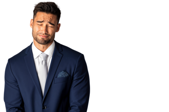 Sad businessman in a blue suit showing a disappointed or emotional expression with eyes closed, isolated on transparent background, expressing failure or frustration - Powered by Adobe