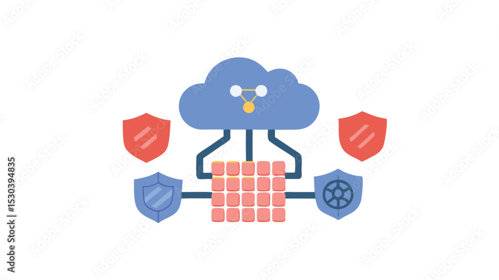 Poster illustration showing a cloud connected to a grid with shields on either side for security and protec