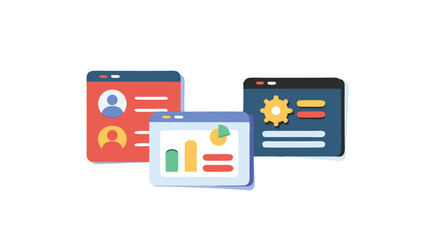 Illustration of three application windows displaying different content types and layouts