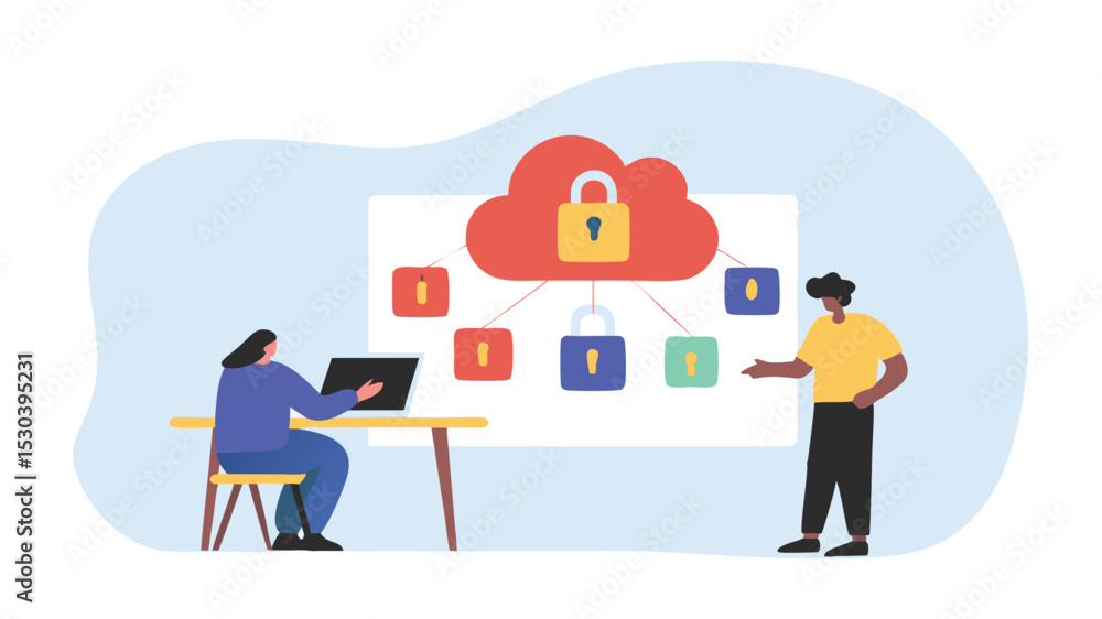 Poster illustration of cloud security concept with people and lock icons connected in a network setup