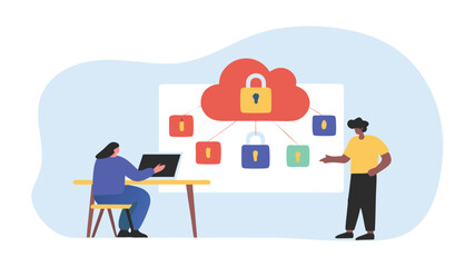 Illustration of cloud security concept with people and lock icons connected in a network setup