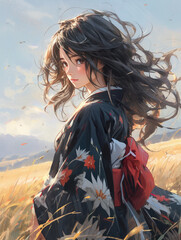 タイトル 日本画（Japanese painting）／美人画　美女　着物　anime　イラスト	