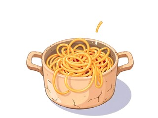 pastel color spaghetti swirls in a worn, ceramic cooking pot hand drawn illustration style