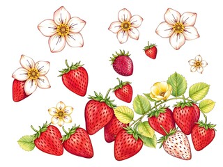 abstract playful hand drawn illustration of strawberry blossoms