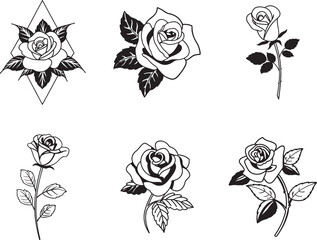 Elegant Rose Outline Vector Art Set Minimalist Floral Line Drawings for Tattoos Logos and Botanical Designs