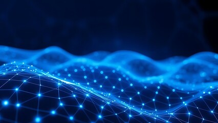 Abstract Blue Digital Wave Background with Connected Dots and Lines, Representing Data Flow, Network Connectivity, and Technology
