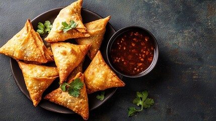A plate of six golden-brown, crispy, triangular pastries, arranged on a dark brown plate with a small bowl of dipping sauce