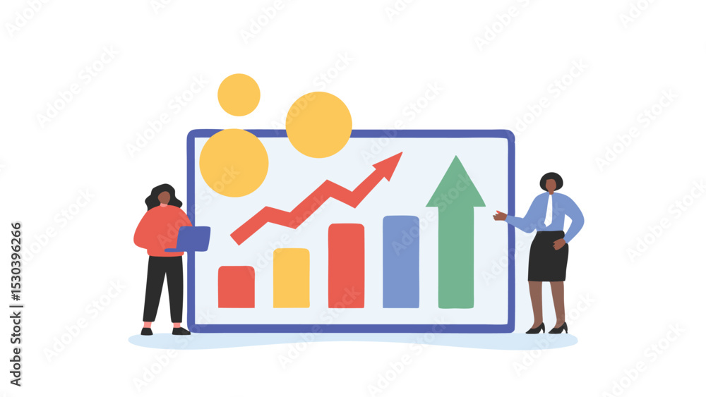Poster two people present a graph with colorful bars and an upward trending line and circles in the backgro