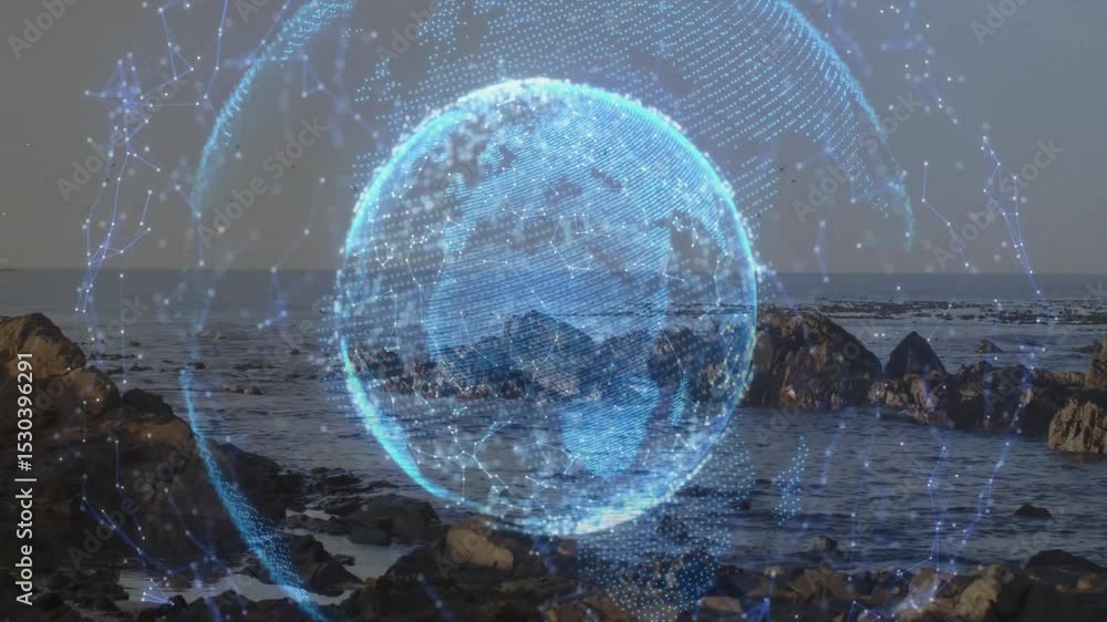 Poster scene opening on seashore showing rotating digital globe pulsing network visualizing global data