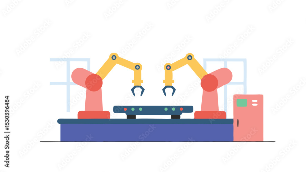 Poster illustration of two robotic arms working on a conveyor belt in a factory setting shown in flat desig