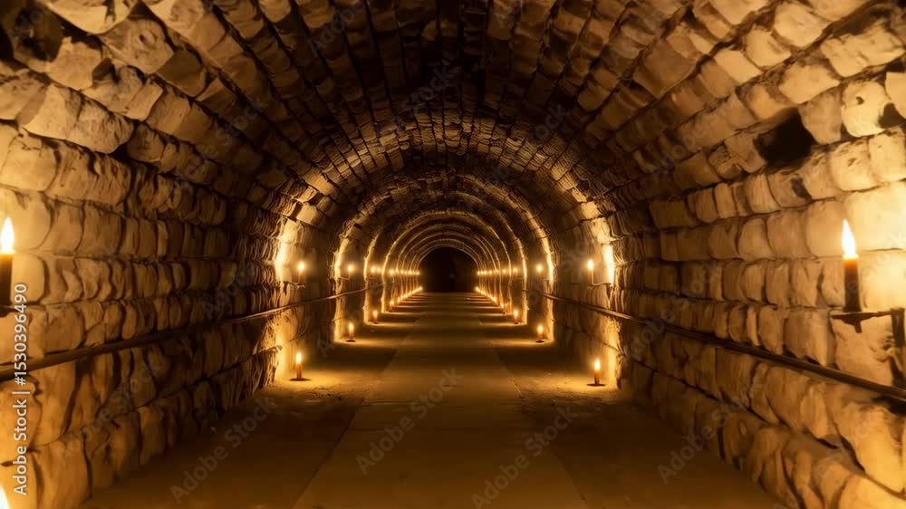 Poster illuminated stone tunnel with candlelight, creating symmetrical lighting effect down the passageway,
