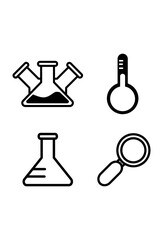 Lab equipment symbols. flasks, thermometer, and magnifying glass illustrations.
Diverse laboratory glassware icons. a beaker, flask, and investigative tools.
