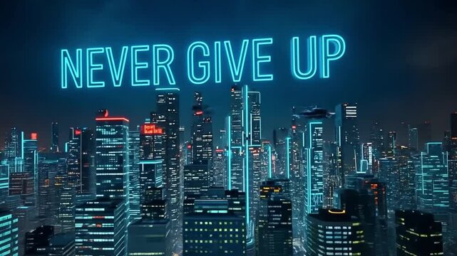 Never give up neon sign cityscape background for motivation and inspiration video and wallpaper hd download