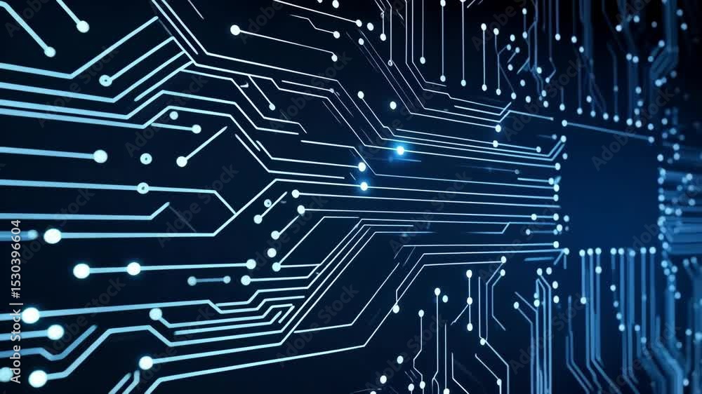 Poster circuit board backdrop showing blue lines and connectors indicating high tech connectivity and futur