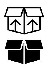 Open box icon, with upward arrows.
Two variations of open box icons.
Unboxing, packaging, delivery symbols.
