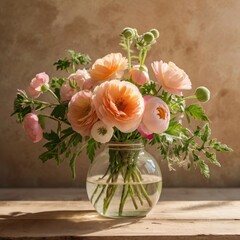 Autumn’s gentle embrace a bouquet of ranunculus flowers captures a fleeting moment of beauty on a wooden table