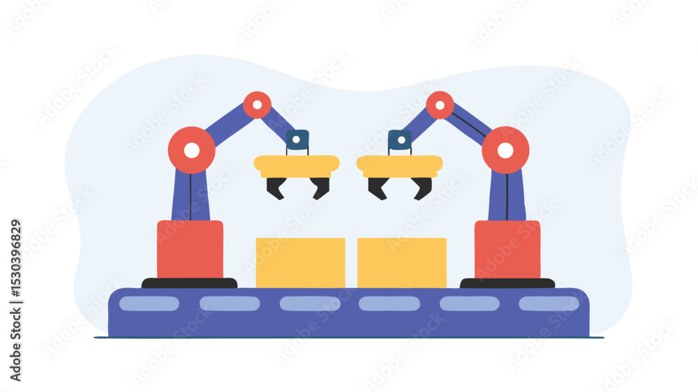 Poster two robotic arms working on a conveyor belt with yellow blocks in a factory setting illustration