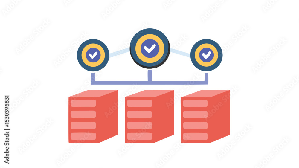 Poster illustration of three servers connected to checkmark circles in a network setup visual concept