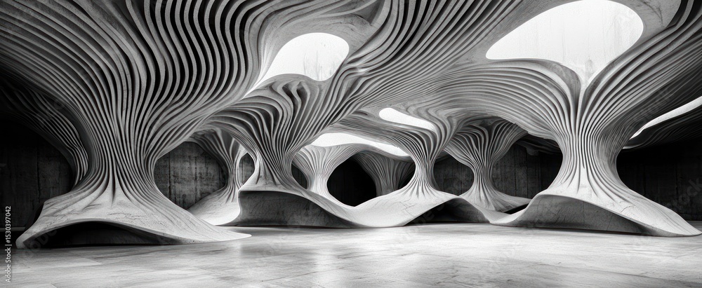 Poster monochromatic photograph of an interior space featuring an organic, undulating ceiling and floor des