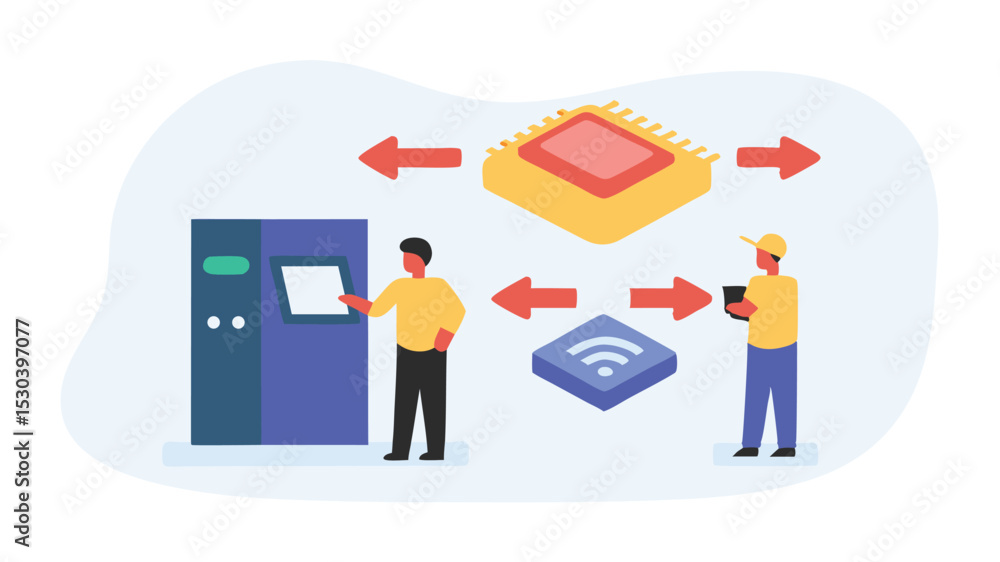 Poster illustration showing data transfer between a machine, wifi and a processor chip diagram