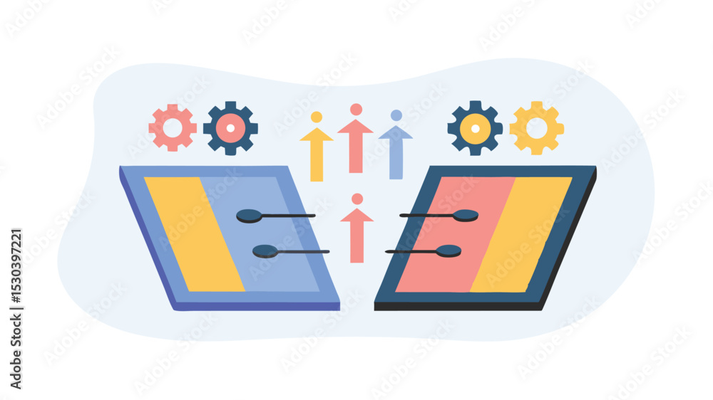 Poster illustration of two platforms with gears and upward arrows showing collaboration and automation proc