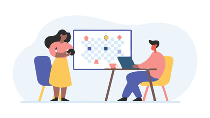 Woman presenting a strategy board while man works on laptop in a modern office setting design