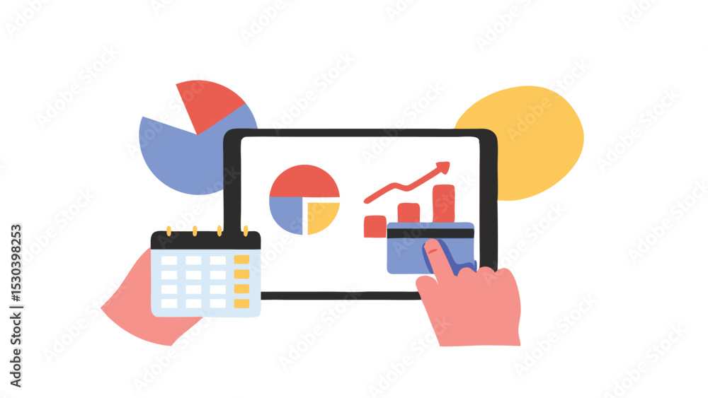 Poster illustration of a hand interacting with a tablet displaying charts and a calendar icon near by